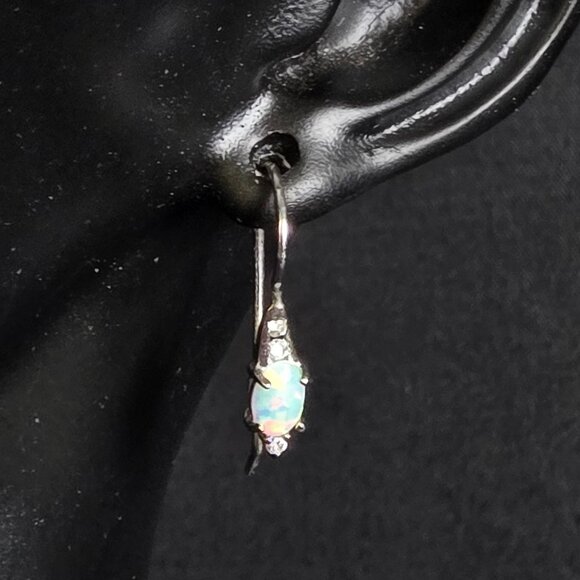 Sterling Silver 925 Opal Drop Earrings with CZ Accent Dangle Pierced Jewelry RJ - Picture 4 of 9